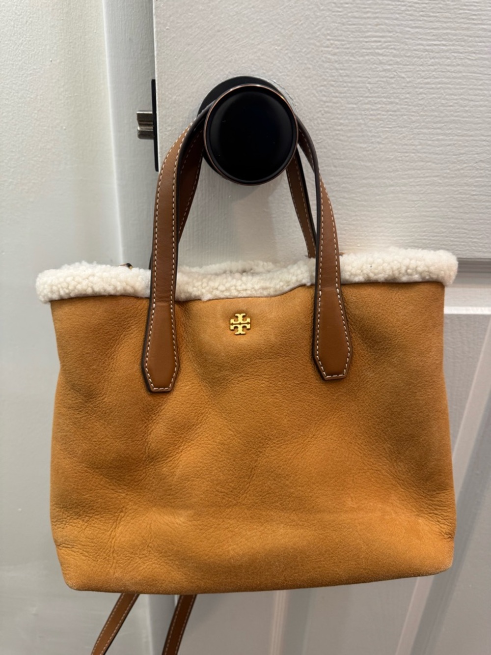 Tory Burch Camel Suede Tote with Cream Shearling Trim